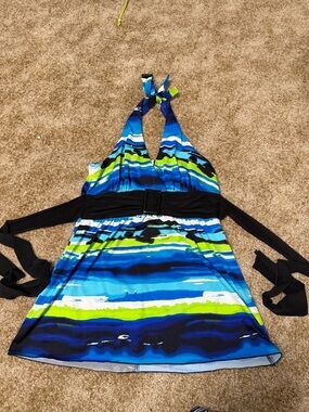 Wrapper Blue, Lime & Black Halter Tankini top